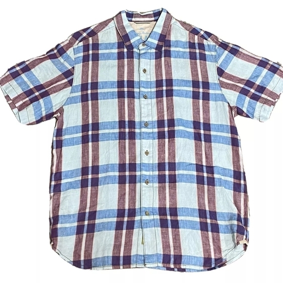 Men’s Tommy Bahama Relax Short Sleeve 100% Linen Plaid Blue/Purple Shirt Sz L - Picture 1 of 3